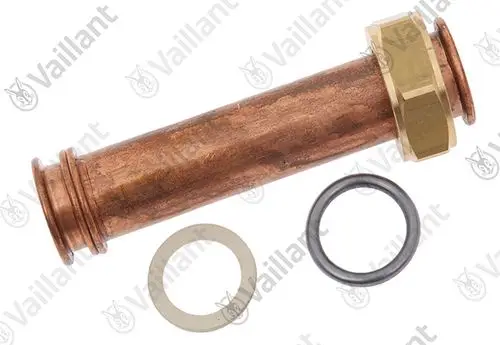 Kupferrohr von Vaillant mit einer Messingmutter, Gummidichtung und Unterlegscheibe, geeignet für Rohrverbindungen in Heizsystemen.
